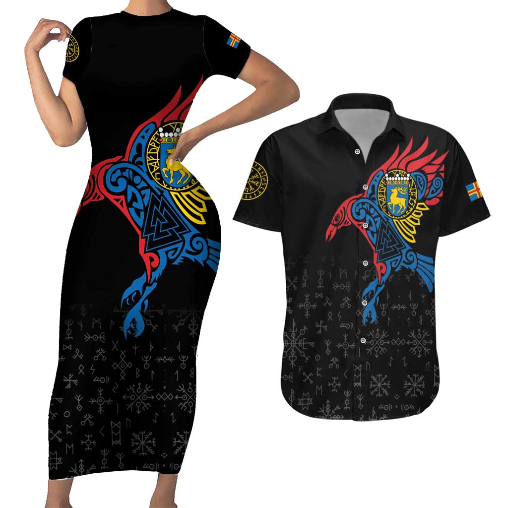Aland Vikings Culture Couples Matching Short Sleeve Bodycon Dress and Hawaiian Shirt Norse Mythology Raven Tattoo