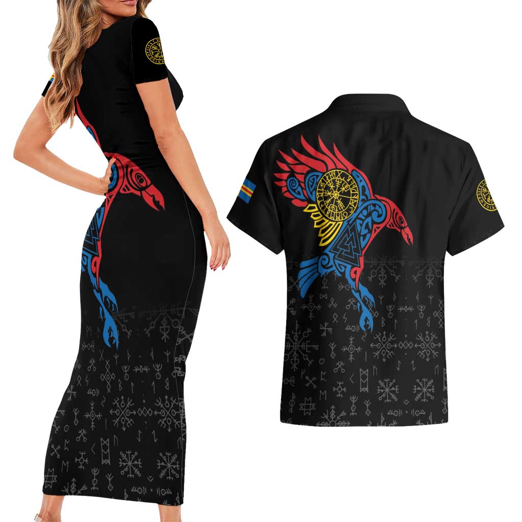 Aland Vikings Culture Couples Matching Short Sleeve Bodycon Dress and Hawaiian Shirt Norse Mythology Raven Tattoo