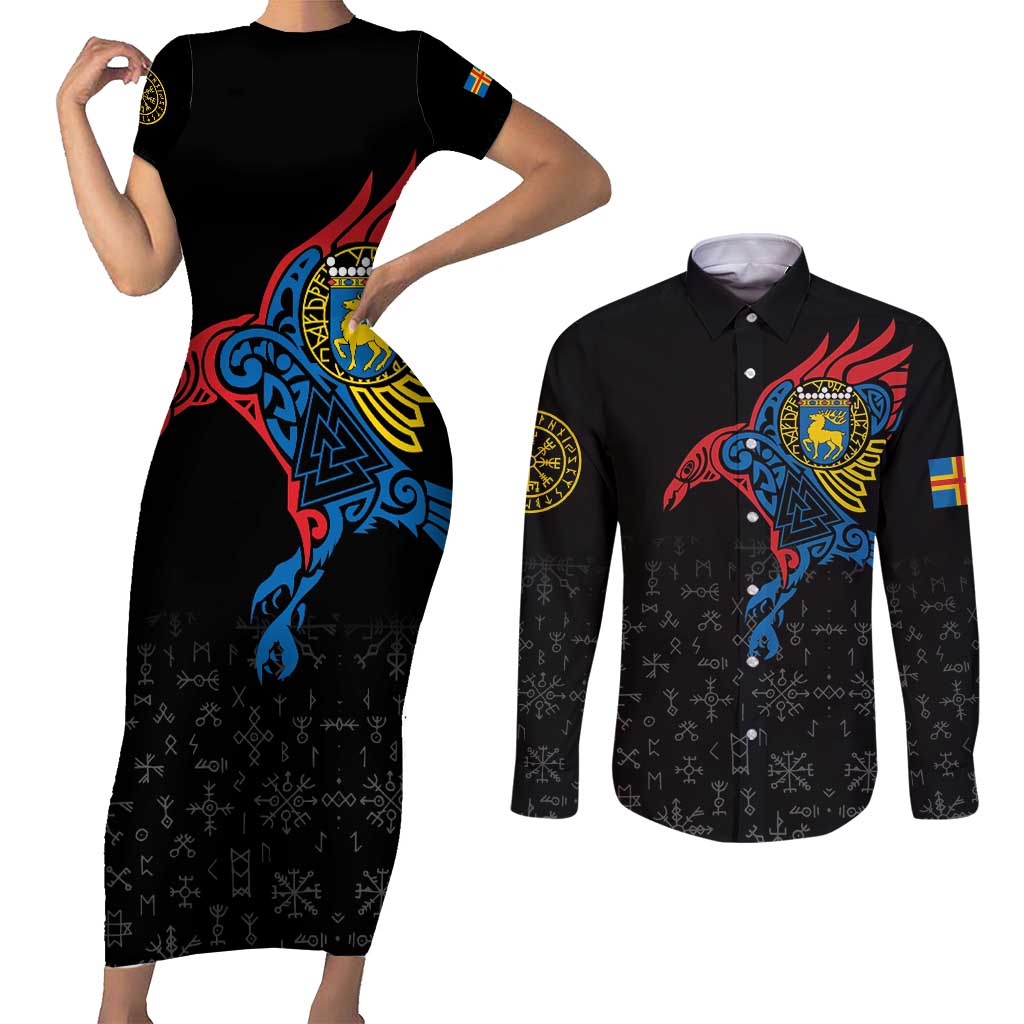 Aland Vikings Culture Couples Matching Short Sleeve Bodycon Dress and Long Sleeve Button Shirt Norse Mythology Raven Tattoo