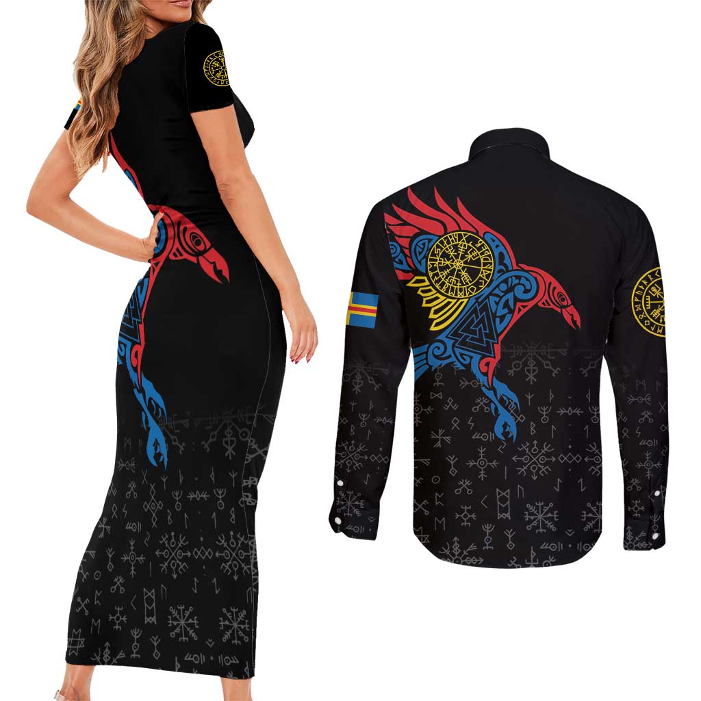 Aland Vikings Culture Couples Matching Short Sleeve Bodycon Dress and Long Sleeve Button Shirt Norse Mythology Raven Tattoo
