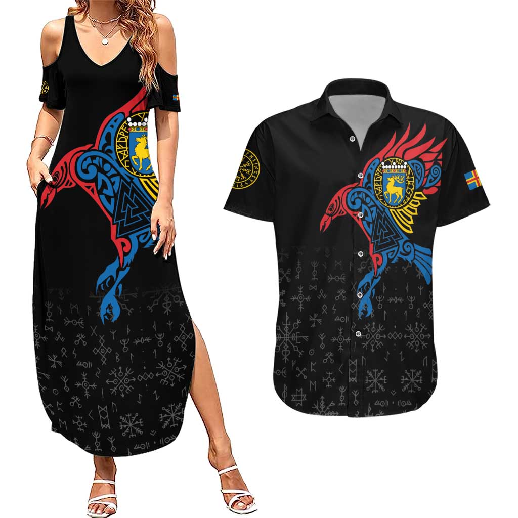 Aland Vikings Culture Couples Matching Summer Maxi Dress and Hawaiian Shirt Norse Mythology Raven Tattoo