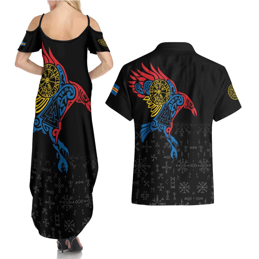 Aland Vikings Culture Couples Matching Summer Maxi Dress and Hawaiian Shirt Norse Mythology Raven Tattoo