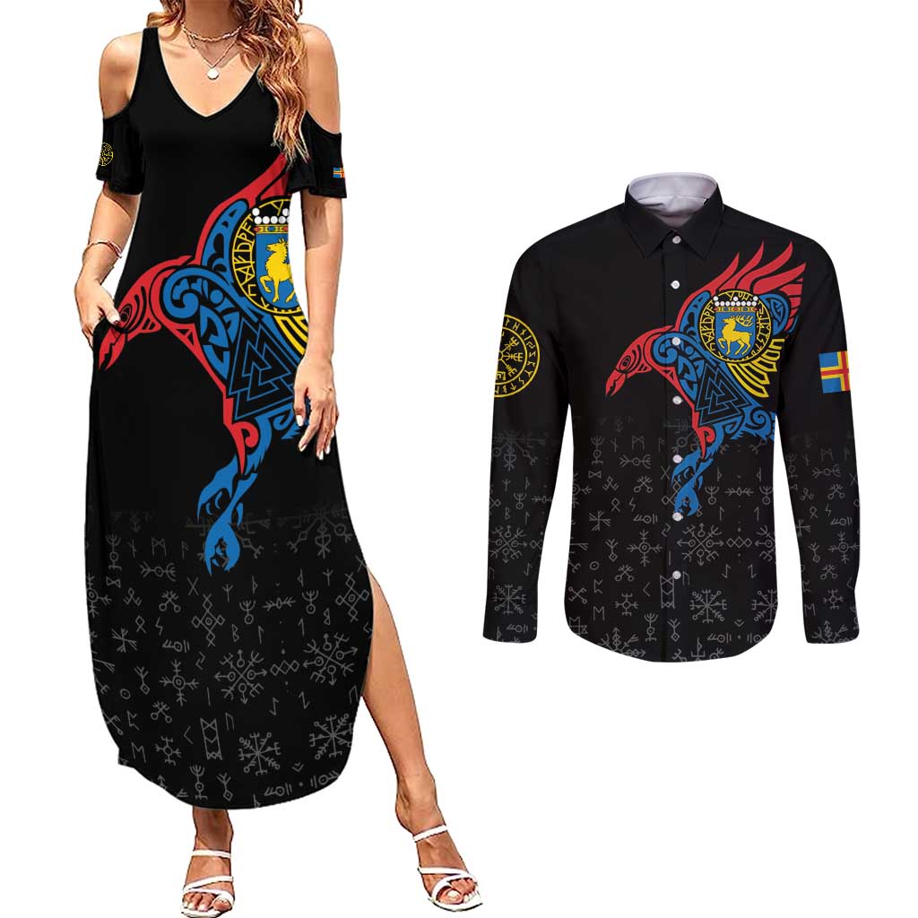 Aland Vikings Culture Couples Matching Summer Maxi Dress and Long Sleeve Button Shirt Norse Mythology Raven Tattoo