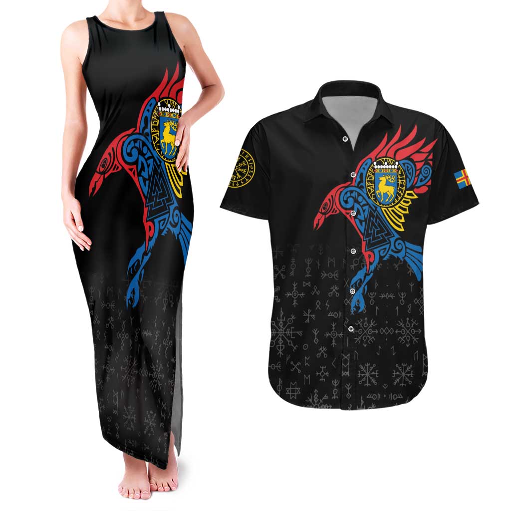 Aland Vikings Culture Couples Matching Tank Maxi Dress and Hawaiian Shirt Norse Mythology Raven Tattoo