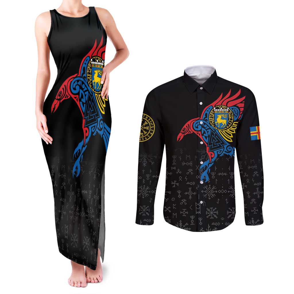 Aland Vikings Culture Couples Matching Tank Maxi Dress and Long Sleeve Button Shirt Norse Mythology Raven Tattoo