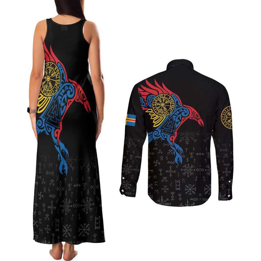 Aland Vikings Culture Couples Matching Tank Maxi Dress and Long Sleeve Button Shirt Norse Mythology Raven Tattoo