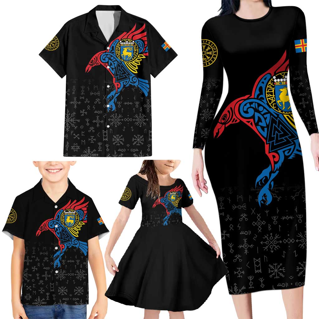 Aland Vikings Culture Family Matching Long Sleeve Bodycon Dress and Hawaiian Shirt Norse Mythology Raven Tattoo