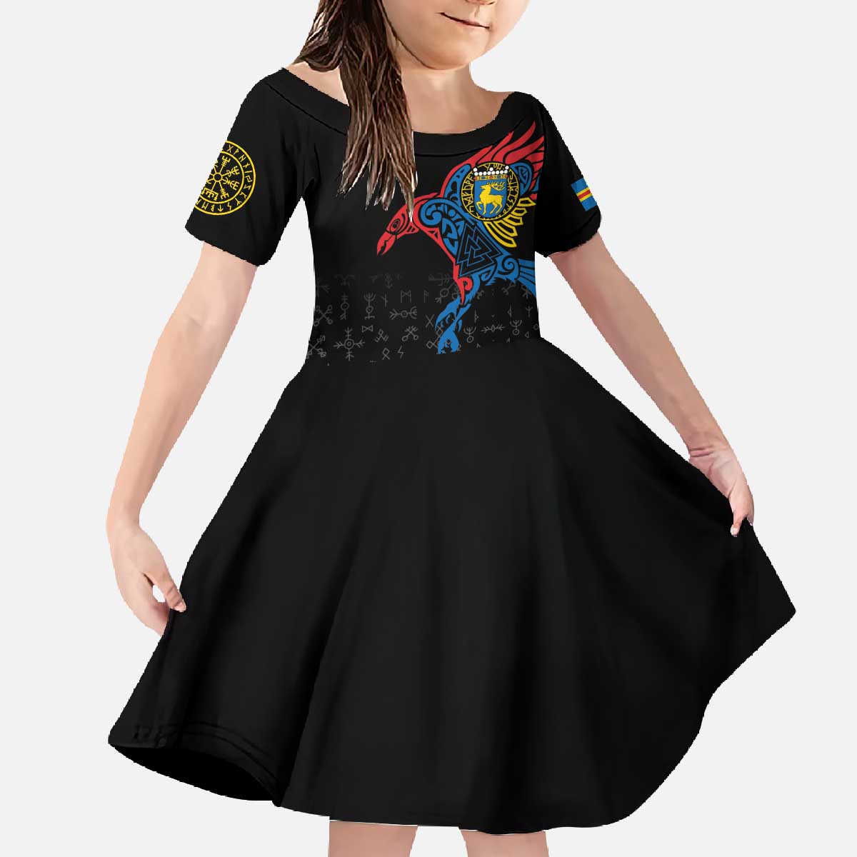 Aland Vikings Culture Family Matching Off The Shoulder Long Sleeve Dress and Hawaiian Shirt Norse Mythology Raven Tattoo