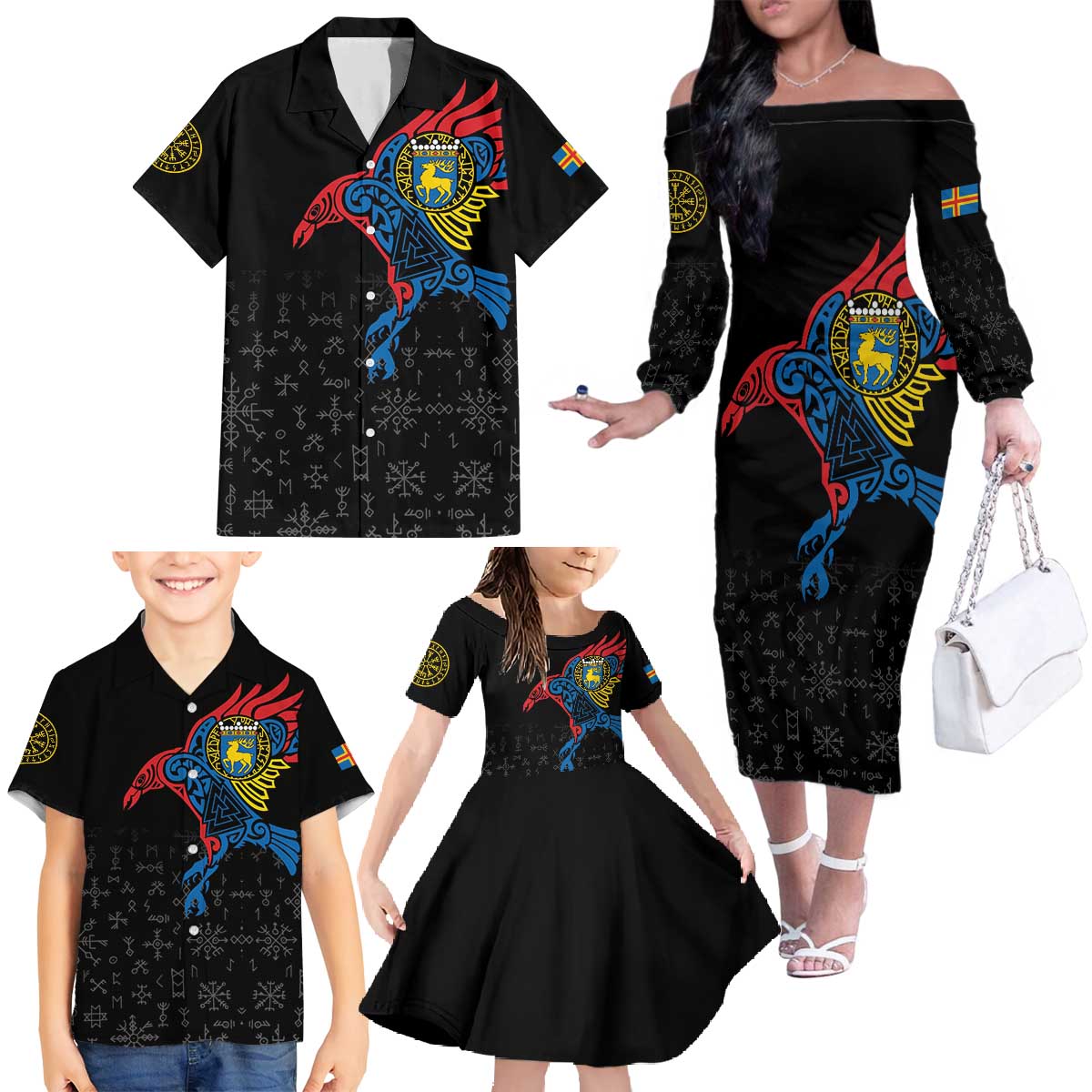 Aland Vikings Culture Family Matching Off The Shoulder Long Sleeve Dress and Hawaiian Shirt Norse Mythology Raven Tattoo