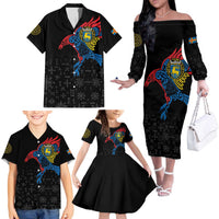 Aland Vikings Culture Family Matching Off The Shoulder Long Sleeve Dress and Hawaiian Shirt Norse Mythology Raven Tattoo