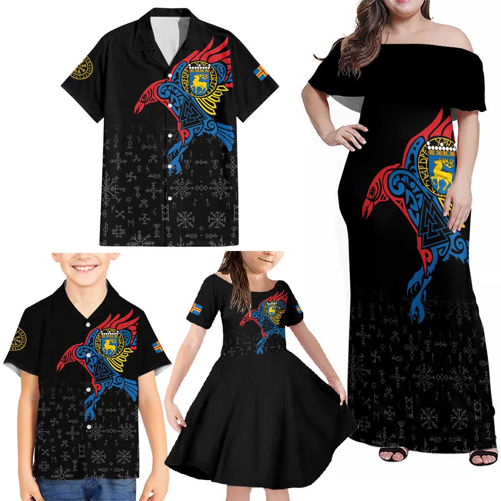 Aland Vikings Culture Family Matching Off Shoulder Maxi Dress and Hawaiian Shirt Norse Mythology Raven Tattoo