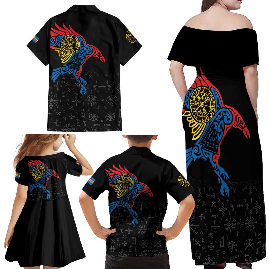 Aland Vikings Culture Family Matching Off Shoulder Maxi Dress and Hawaiian Shirt Norse Mythology Raven Tattoo