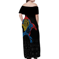 Aland Vikings Culture Family Matching Off Shoulder Maxi Dress and Hawaiian Shirt Norse Mythology Raven Tattoo