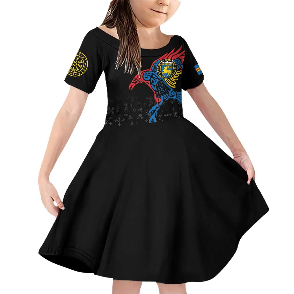 Aland Vikings Culture Family Matching Off Shoulder Short Dress and Hawaiian Shirt Norse Mythology Raven Tattoo