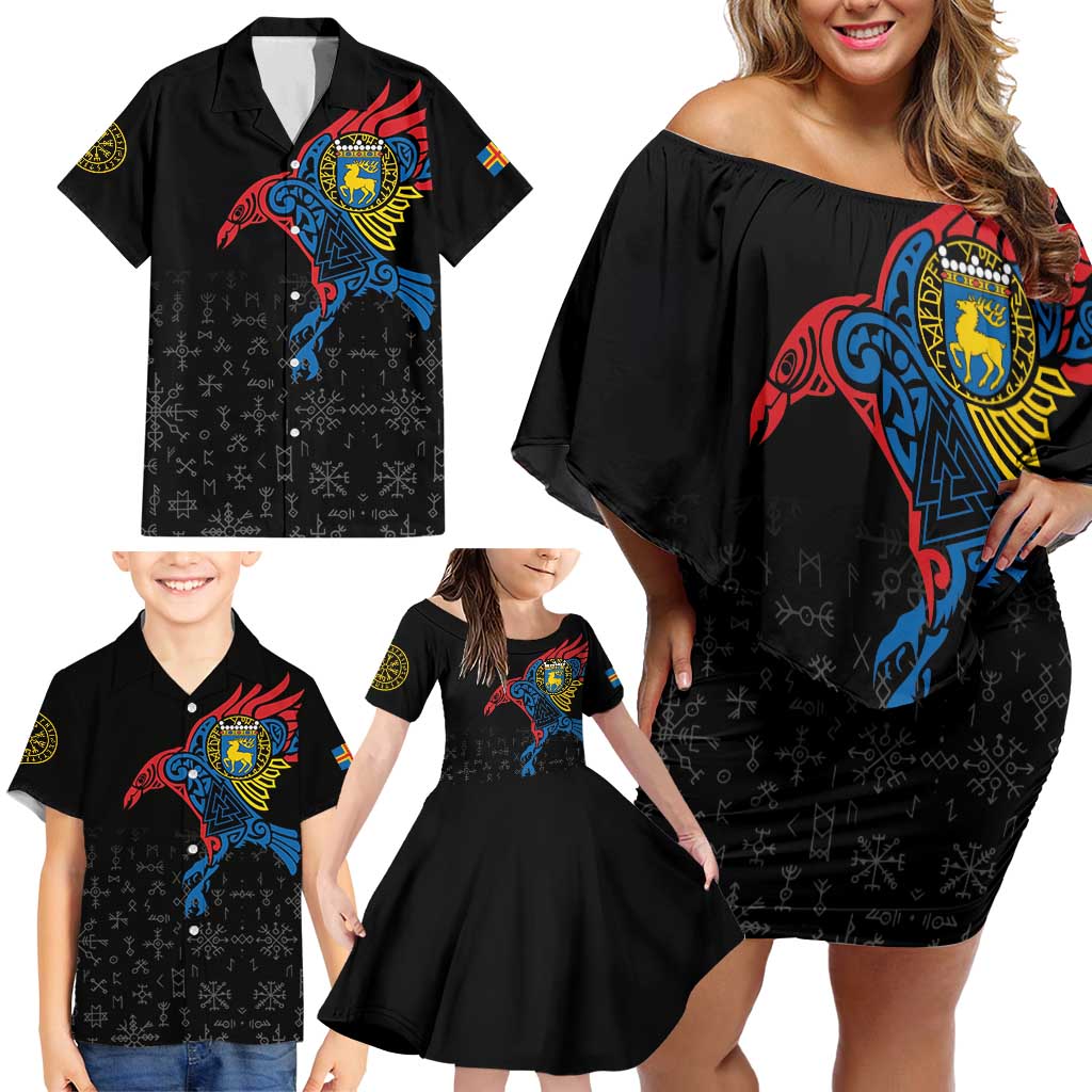 Aland Vikings Culture Family Matching Off Shoulder Short Dress and Hawaiian Shirt Norse Mythology Raven Tattoo