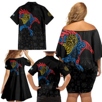 Aland Vikings Culture Family Matching Off Shoulder Short Dress and Hawaiian Shirt Norse Mythology Raven Tattoo