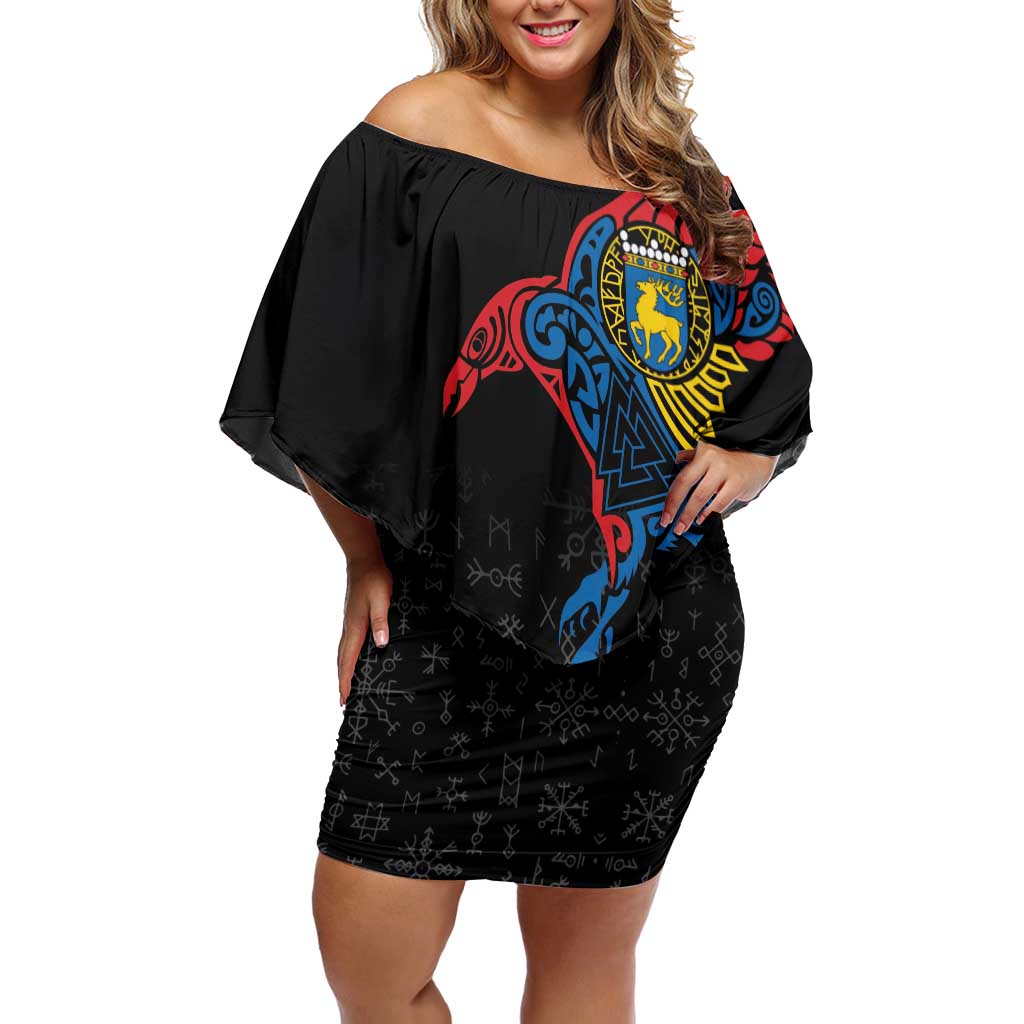 Aland Vikings Culture Family Matching Off Shoulder Short Dress and Hawaiian Shirt Norse Mythology Raven Tattoo