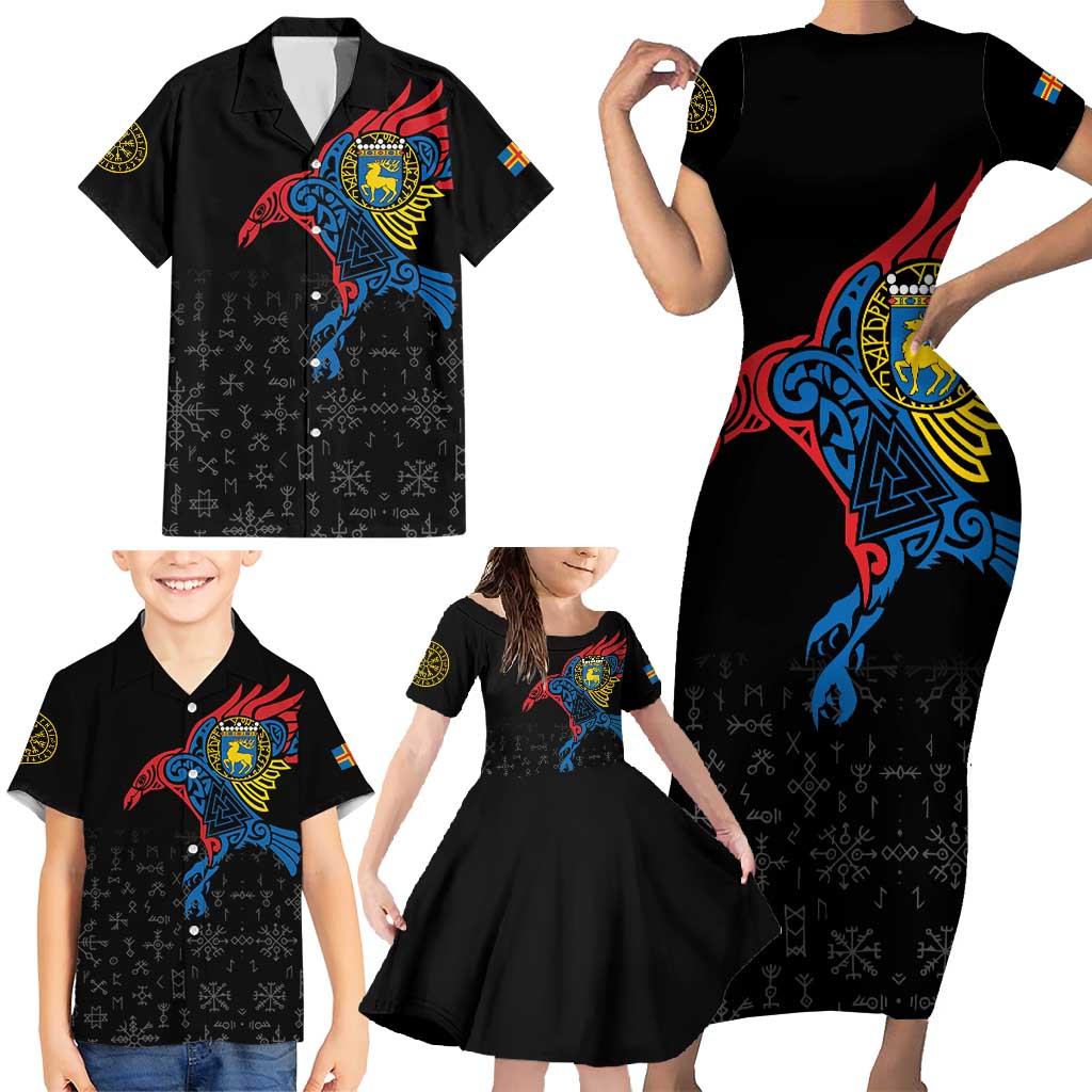 Aland Vikings Culture Family Matching Short Sleeve Bodycon Dress and Hawaiian Shirt Norse Mythology Raven Tattoo