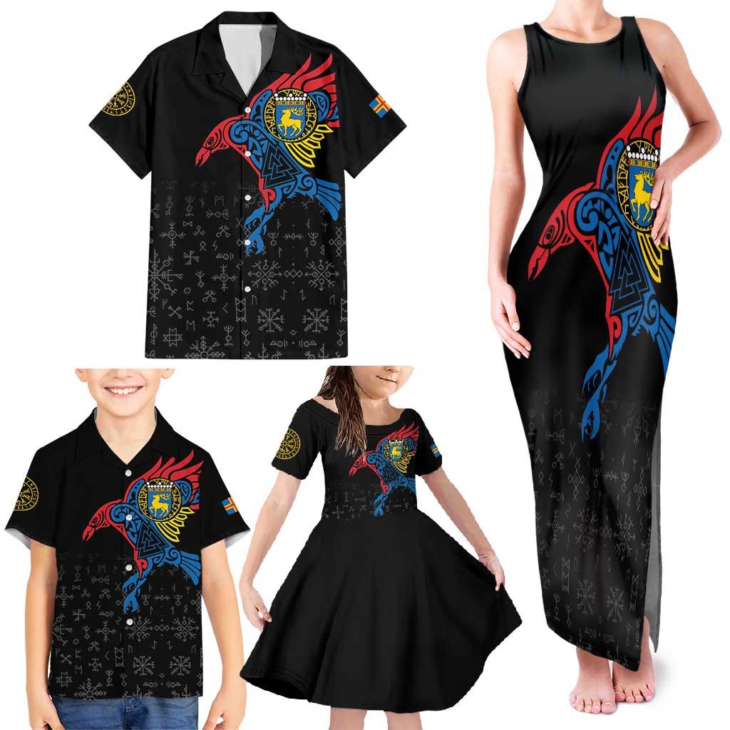 Aland Vikings Culture Family Matching Tank Maxi Dress and Hawaiian Shirt Norse Mythology Raven Tattoo