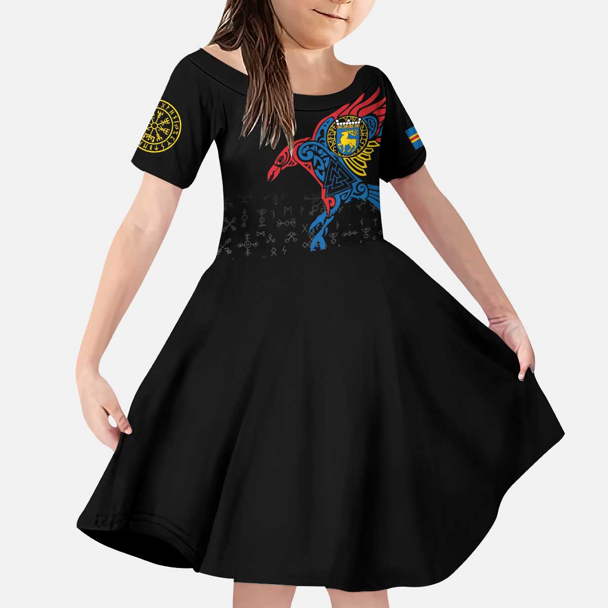 Aland Vikings Culture Kid Short Sleeve Dress Norse Mythology Raven Tattoo