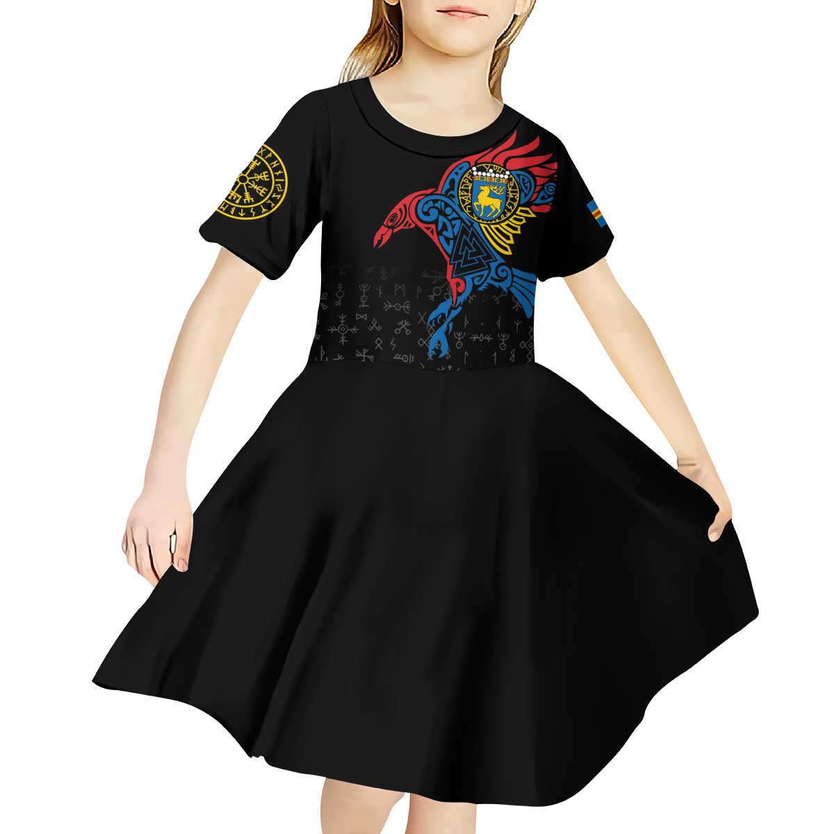 Aland Vikings Culture Kid Short Sleeve Dress Norse Mythology Raven Tattoo