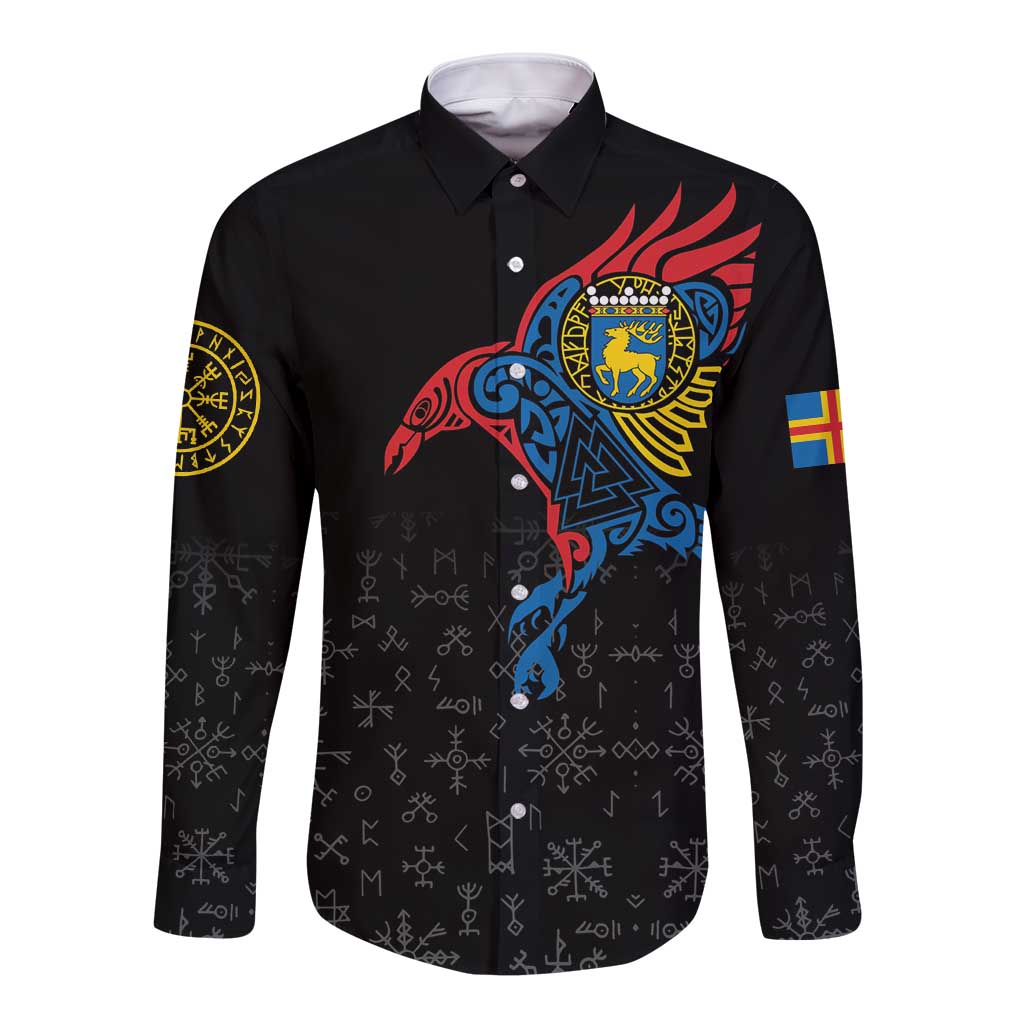 Aland Vikings Culture Long Sleeve Button Shirt Norse Mythology Raven Tattoo