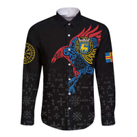 Aland Vikings Culture Long Sleeve Button Shirt Norse Mythology Raven Tattoo