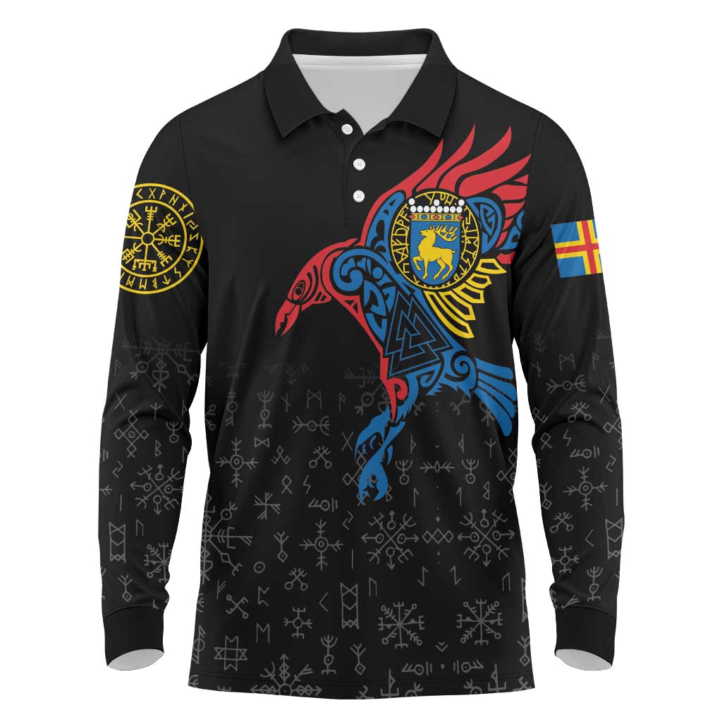 Aland Vikings Culture Long Sleeve Polo Shirt Norse Mythology Raven Tattoo
