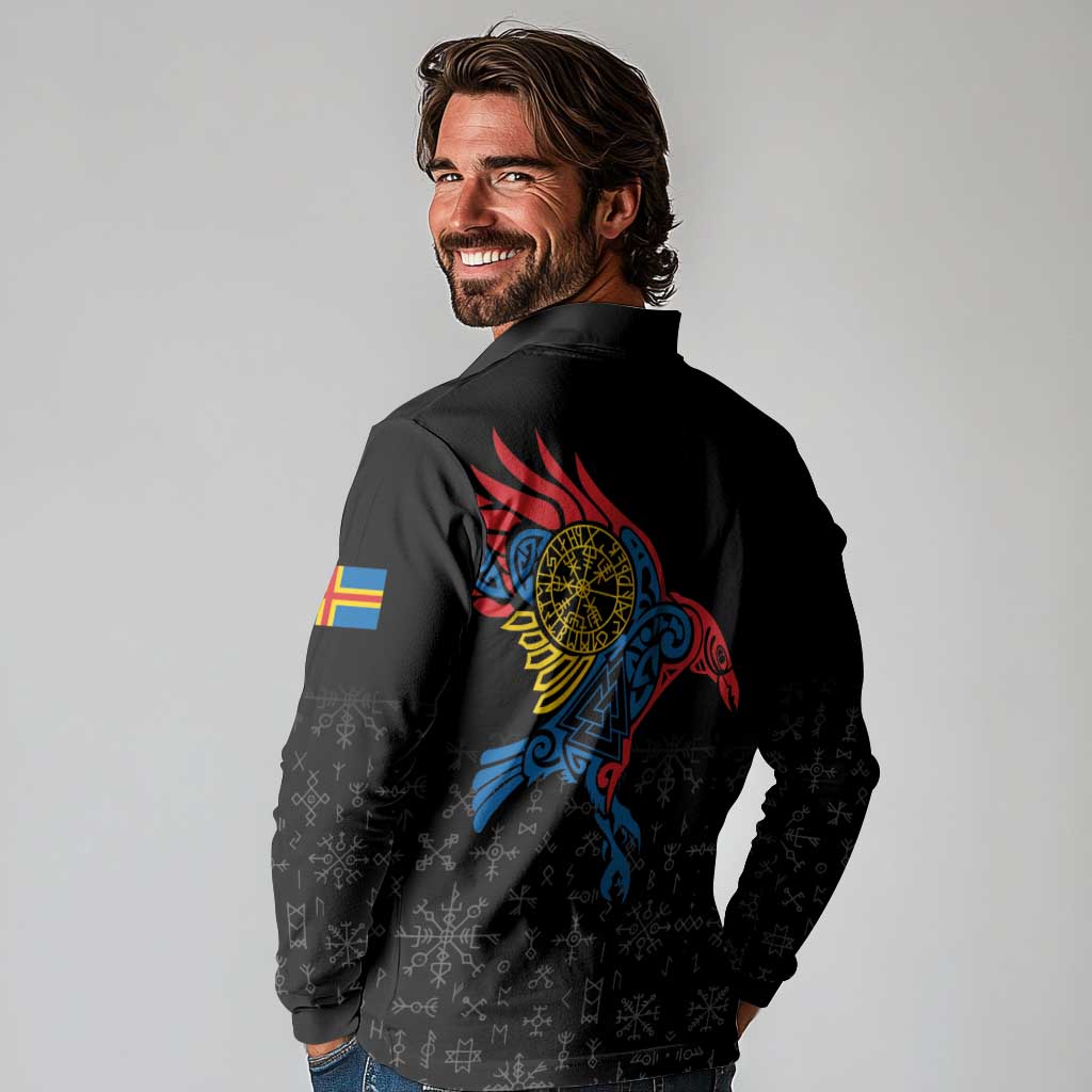 Aland Vikings Culture Long Sleeve Polo Shirt Norse Mythology Raven Tattoo