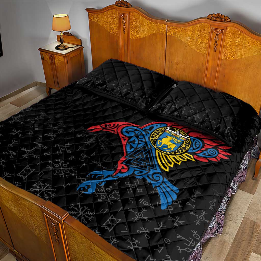 Aland Vikings Culture Quilt Bed Set Norse Mythology Raven Tattoo
