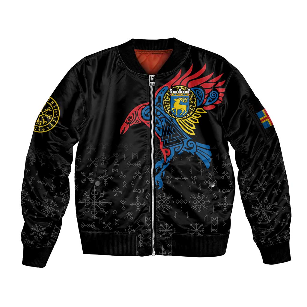 Aland Vikings Culture Sleeve Zip Bomber Jacket Norse Mythology Raven Tattoo