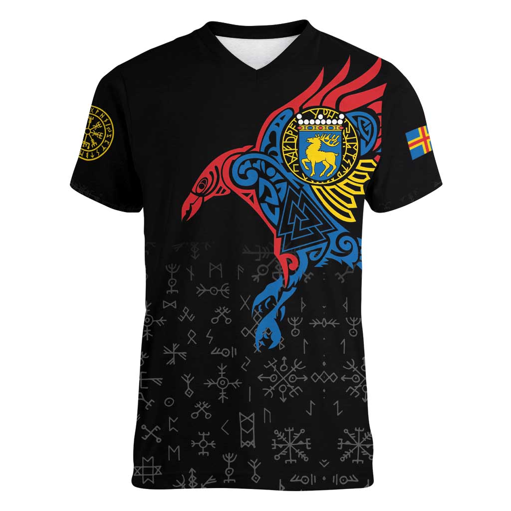 Aland Vikings Culture Women V-Neck T-Shirt Norse Mythology Raven Tattoo