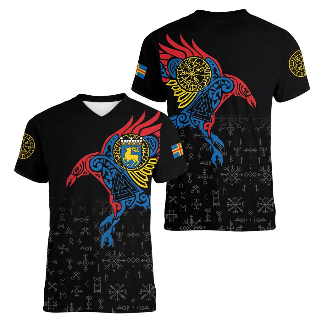 Aland Vikings Culture Women V-Neck T-Shirt Norse Mythology Raven Tattoo