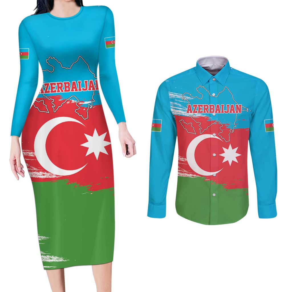 Personalized Azerbaijan Flag Style Couples Matching Long Sleeve Bodycon Dress and Long Sleeve Button Shirt Azerbaijani Flag Day