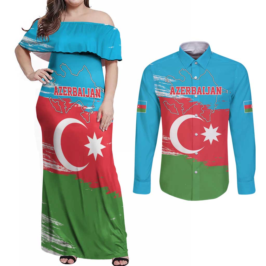 Personalized Azerbaijan Flag Style Couples Matching Off Shoulder Maxi Dress and Long Sleeve Button Shirt Azerbaijani Flag Day