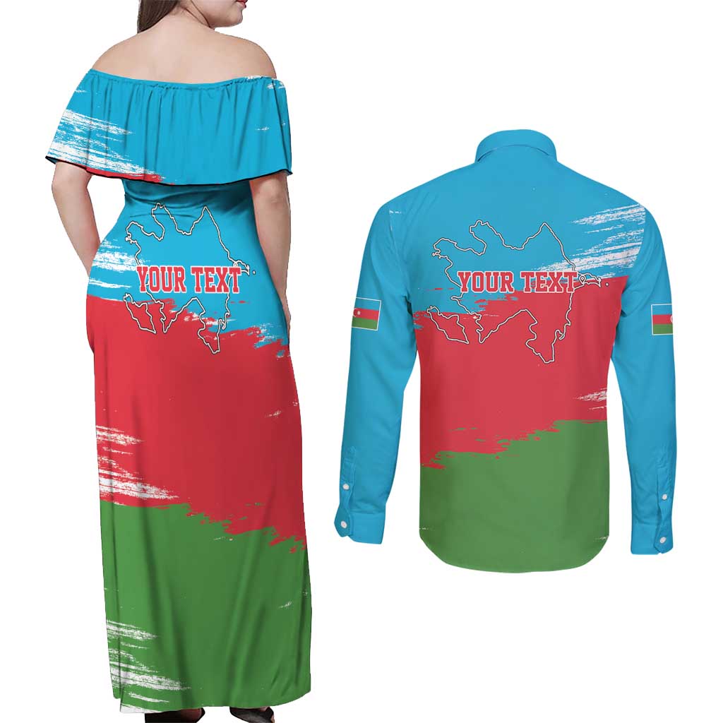 Personalized Azerbaijan Flag Style Couples Matching Off Shoulder Maxi Dress and Long Sleeve Button Shirt Azerbaijani Flag Day