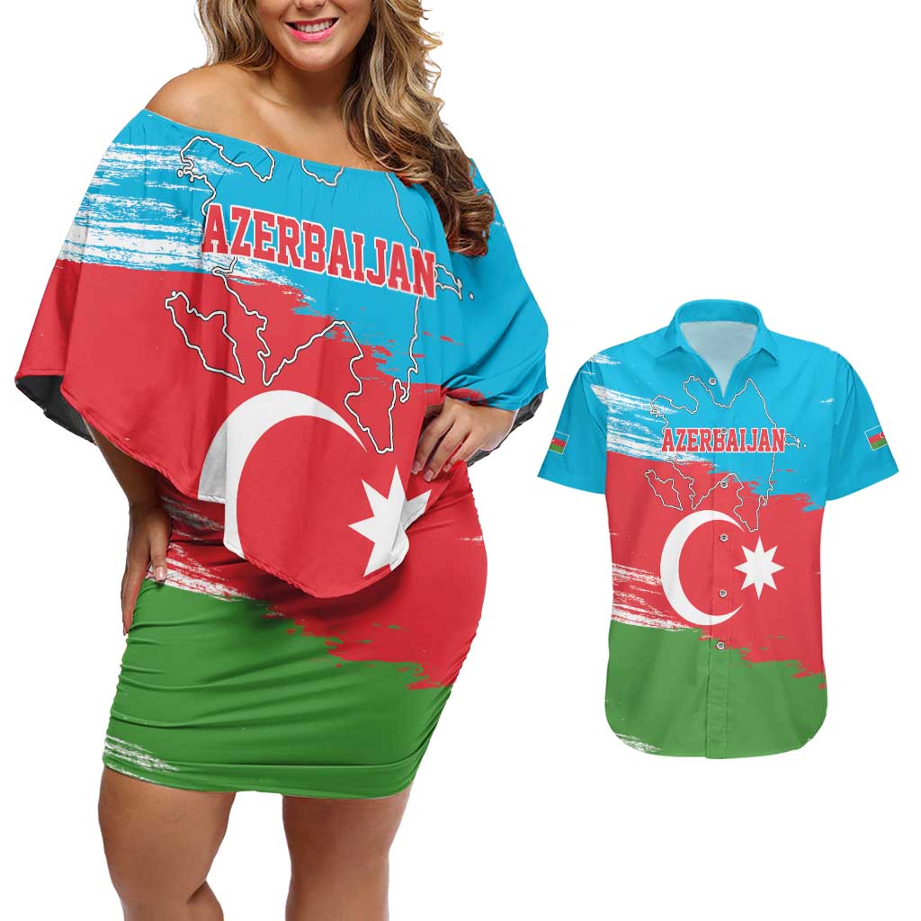 Personalized Azerbaijan Flag Style Couples Matching Off Shoulder Short Dress and Hawaiian Shirt Azerbaijani Flag Day