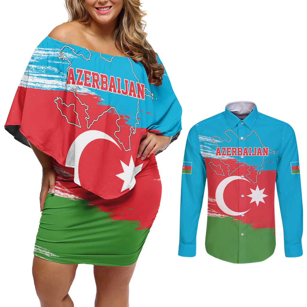 Personalized Azerbaijan Flag Style Couples Matching Off Shoulder Short Dress and Long Sleeve Button Shirt Azerbaijani Flag Day