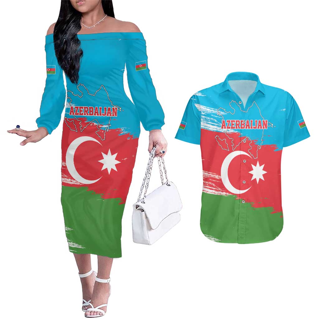 Personalized Azerbaijan Flag Style Couples Matching Off The Shoulder Long Sleeve Dress and Hawaiian Shirt Azerbaijani Flag Day