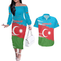 Personalized Azerbaijan Flag Style Couples Matching Off The Shoulder Long Sleeve Dress and Hawaiian Shirt Azerbaijani Flag Day