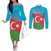 Personalized Azerbaijan Flag Style Couples Matching Off The Shoulder Long Sleeve Dress and Long Sleeve Button Shirt Azerbaijani Flag Day