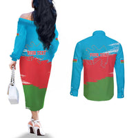 Personalized Azerbaijan Flag Style Couples Matching Off The Shoulder Long Sleeve Dress and Long Sleeve Button Shirt Azerbaijani Flag Day