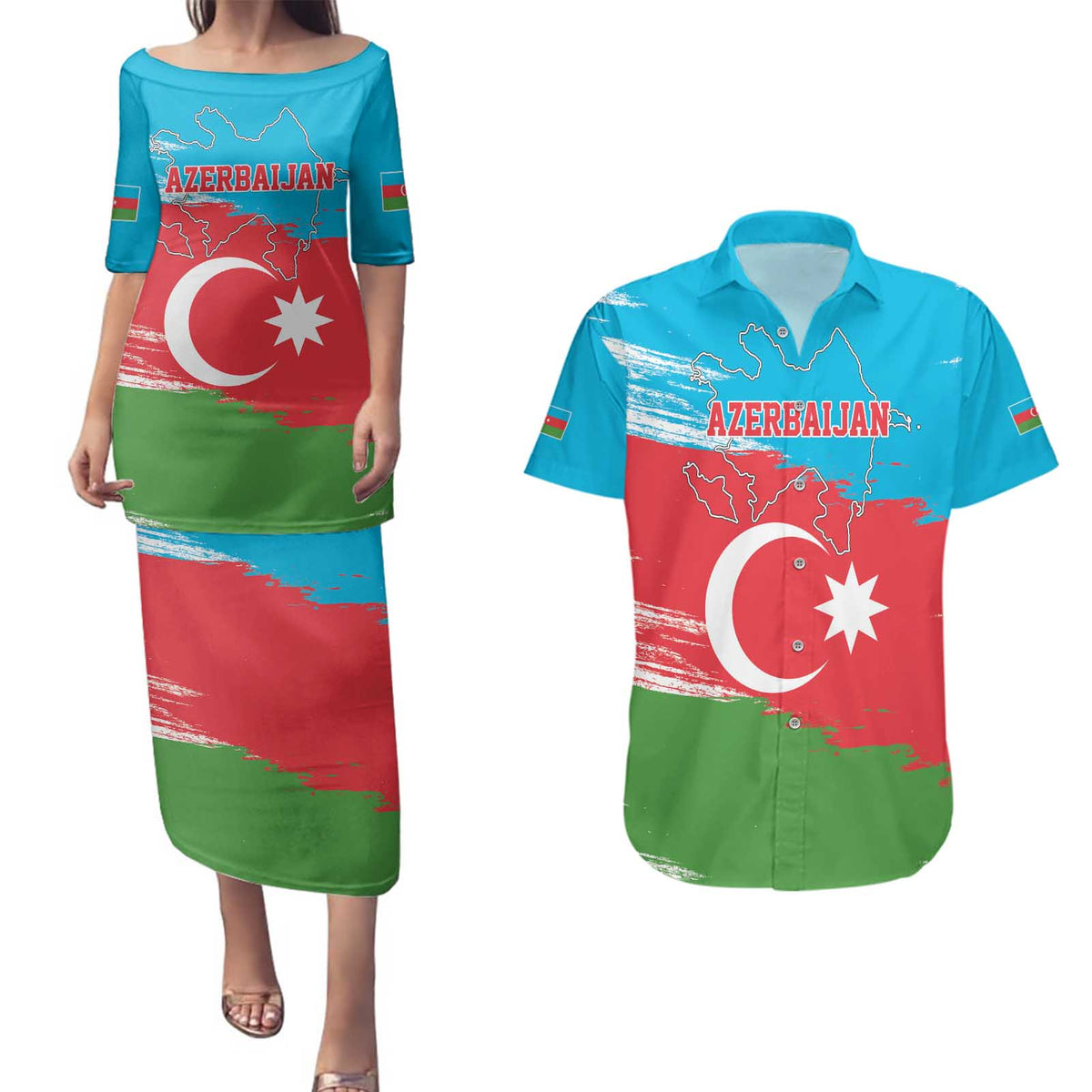 Personalized Azerbaijan Flag Style Couples Matching Puletasi and Hawaiian Shirt Azerbaijani Flag Day