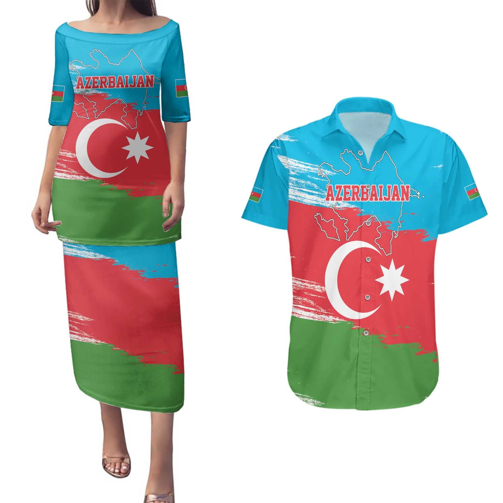 Personalized Azerbaijan Flag Style Couples Matching Puletasi and Hawaiian Shirt Azerbaijani Flag Day