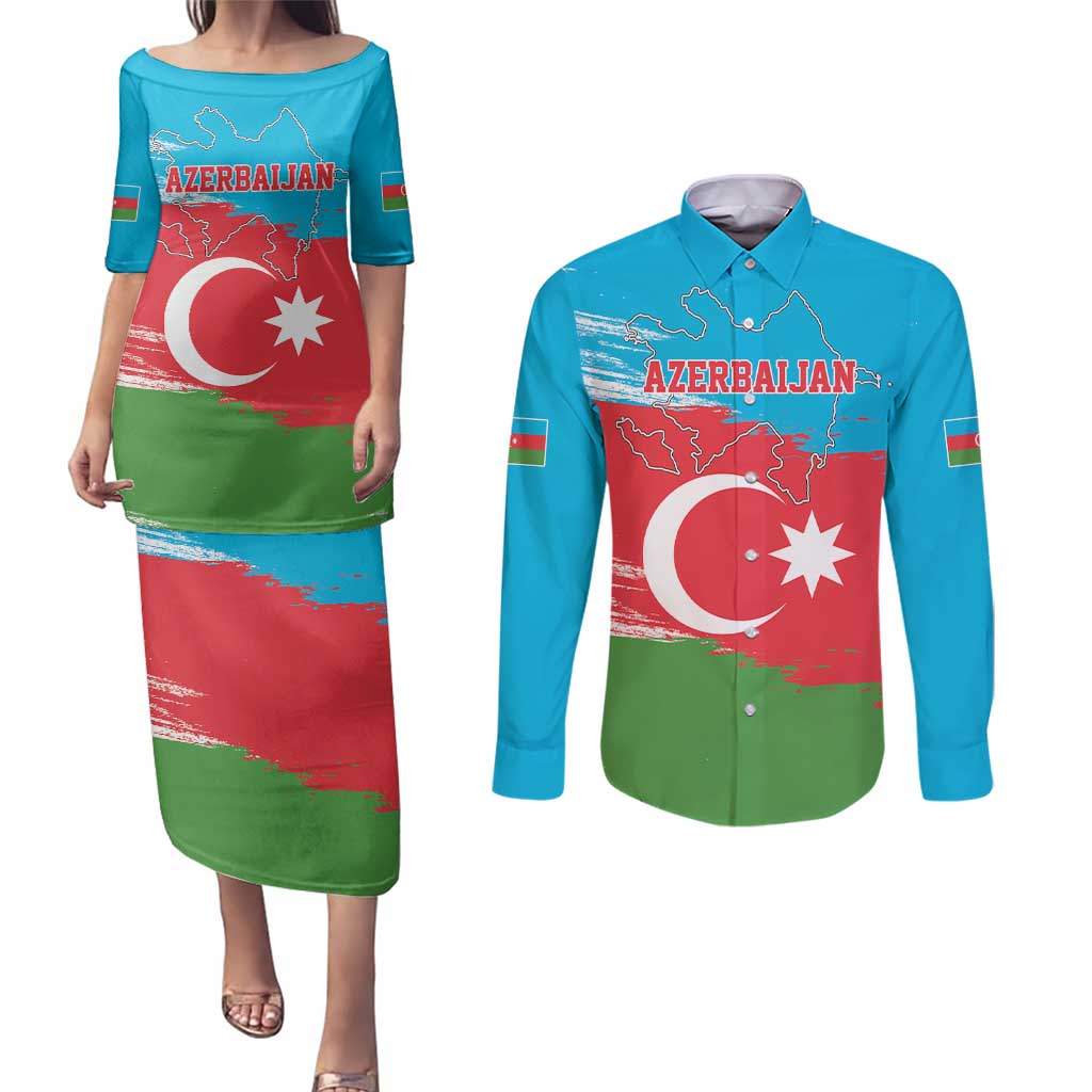 Personalized Azerbaijan Flag Style Couples Matching Puletasi and Long Sleeve Button Shirt Azerbaijani Flag Day
