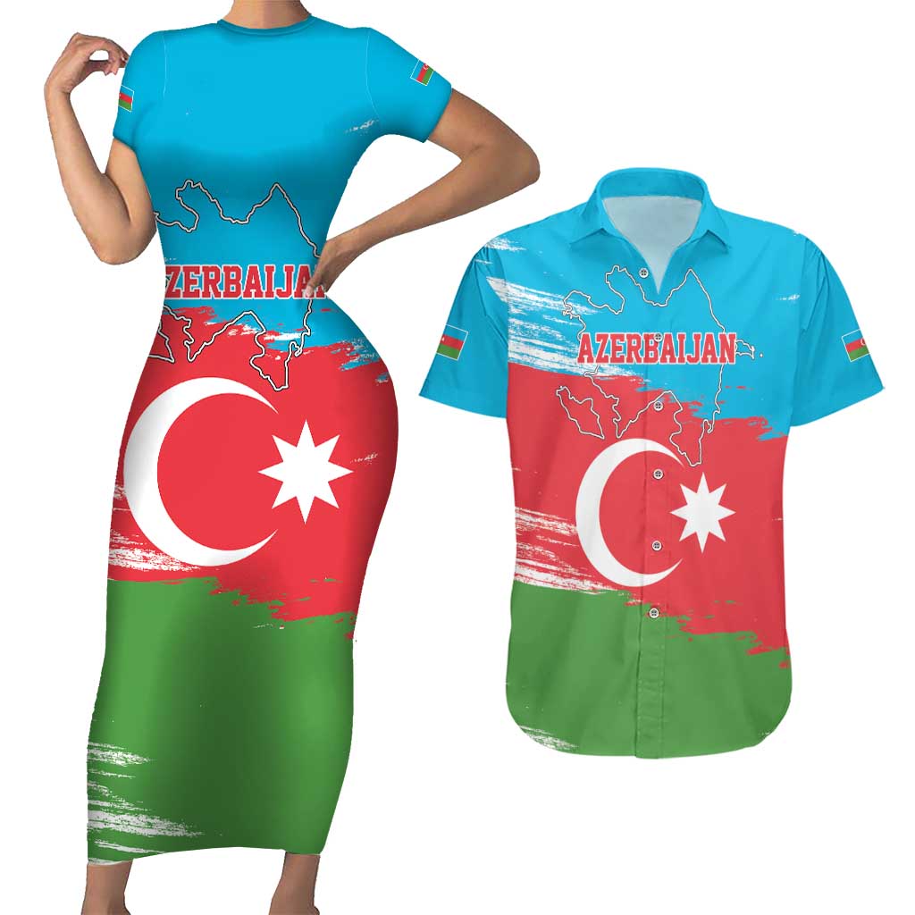 Personalized Azerbaijan Flag Style Couples Matching Short Sleeve Bodycon Dress and Hawaiian Shirt Azerbaijani Flag Day