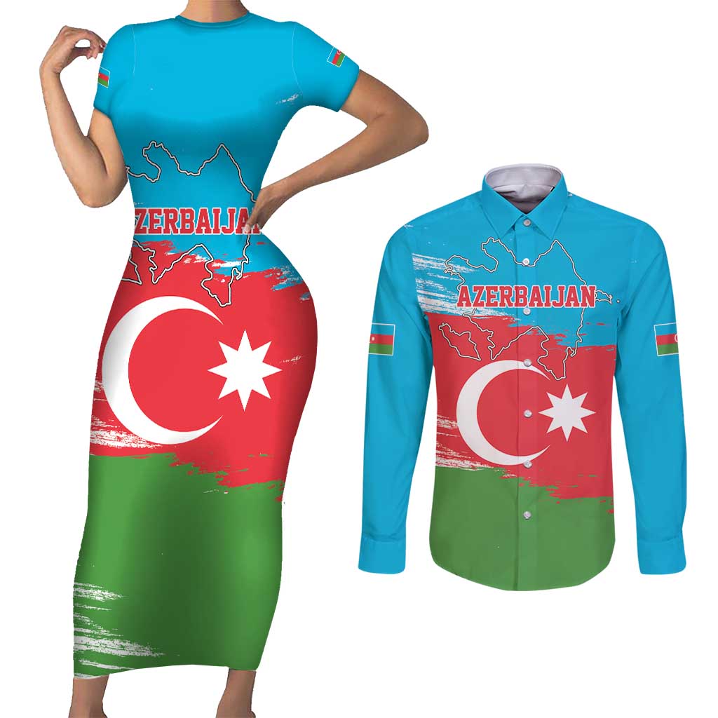 Personalized Azerbaijan Flag Style Couples Matching Short Sleeve Bodycon Dress and Long Sleeve Button Shirt Azerbaijani Flag Day