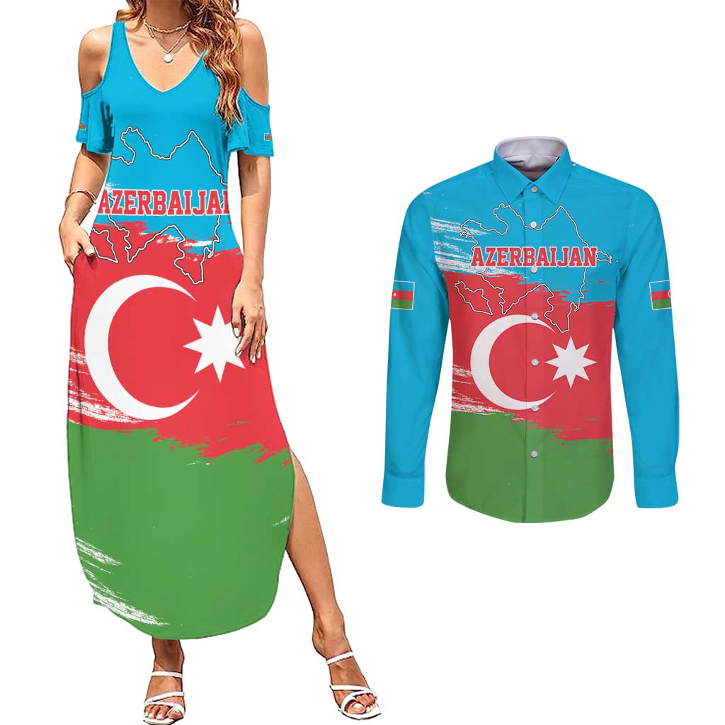 Personalized Azerbaijan Flag Style Couples Matching Summer Maxi Dress and Long Sleeve Button Shirt Azerbaijani Flag Day