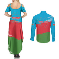 Personalized Azerbaijan Flag Style Couples Matching Summer Maxi Dress and Long Sleeve Button Shirt Azerbaijani Flag Day