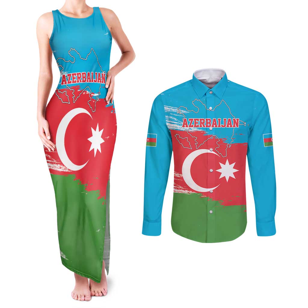 Personalized Azerbaijan Flag Style Couples Matching Tank Maxi Dress and Long Sleeve Button Shirt Azerbaijani Flag Day